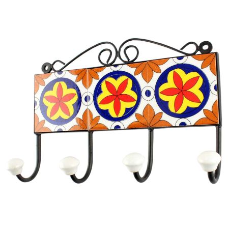 Orange Floral Ceramic Tile Hook